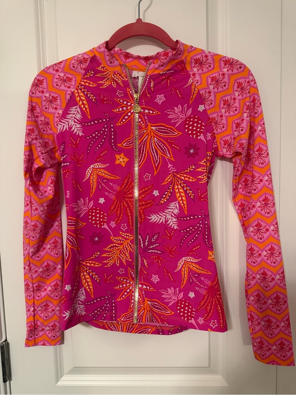 Bleu Rod Beattie Pink and Orange Floral Zip Rash Guard Coverup S